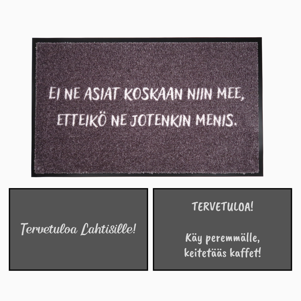 Harmaa kynnysmatto omalla tekstillä