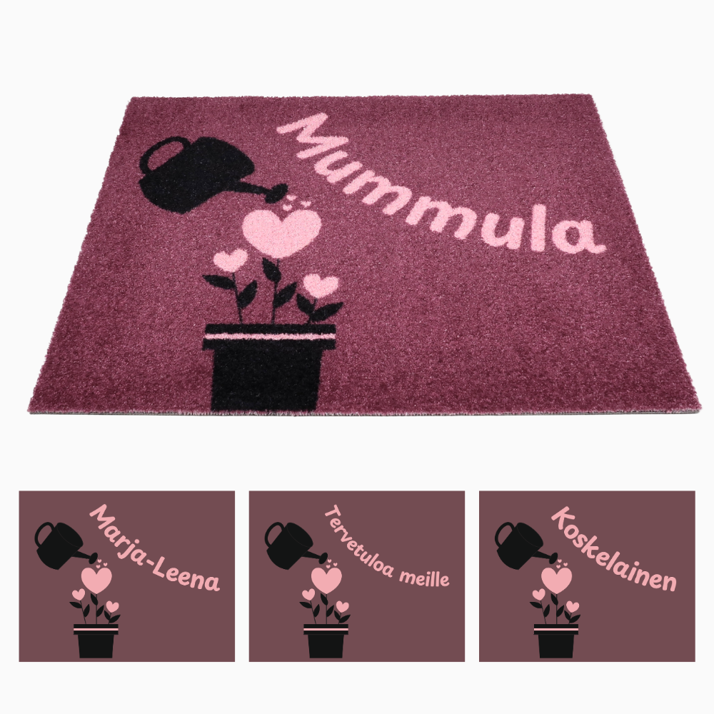 Personoitava ovimatto omalla tekstillä - Kastelukannu ja sydämet