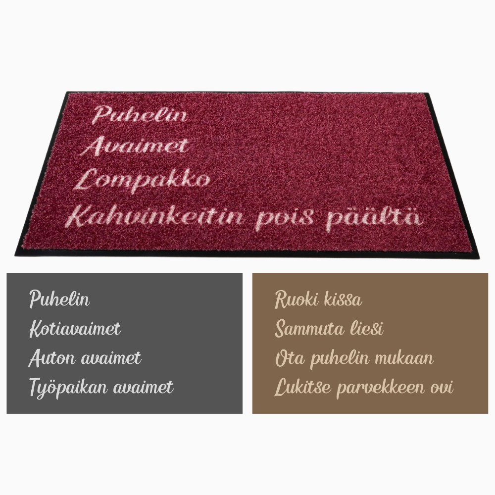 Personoitava muistilista-ovimatto omilla teksteillä