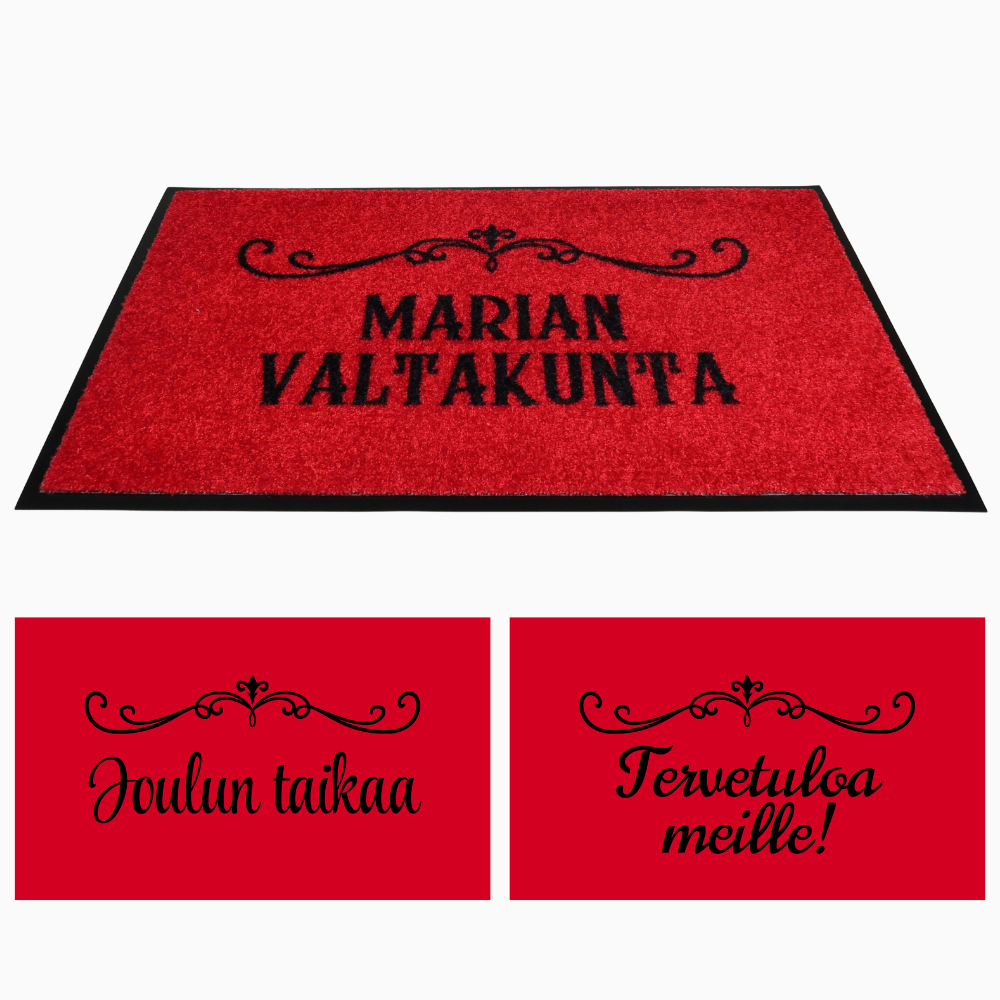 Personoitava punainen kynnysmatto omalla tekstillä