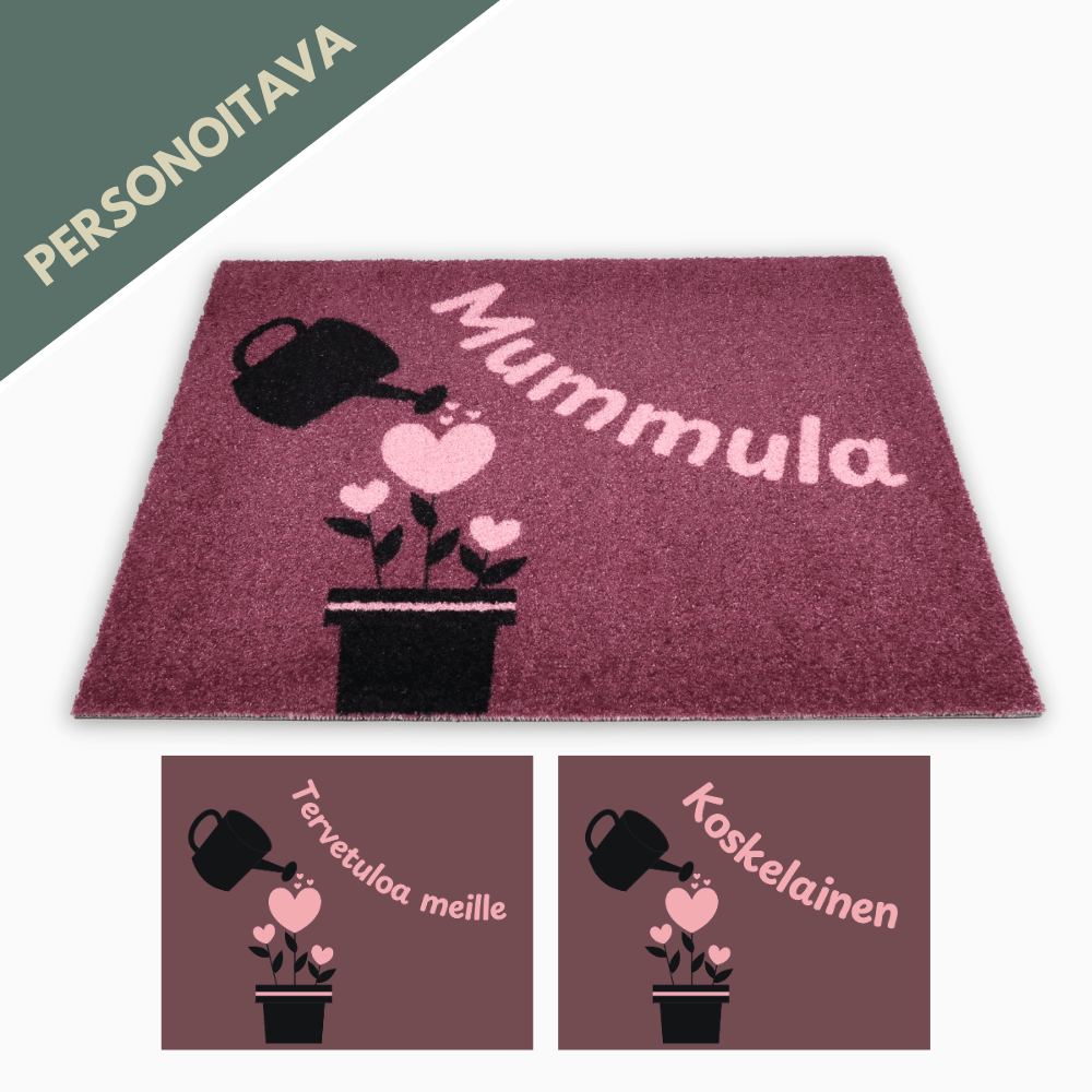 Personoitava ovimatto omalla tekstillä - Kastelukannu ja sydämet