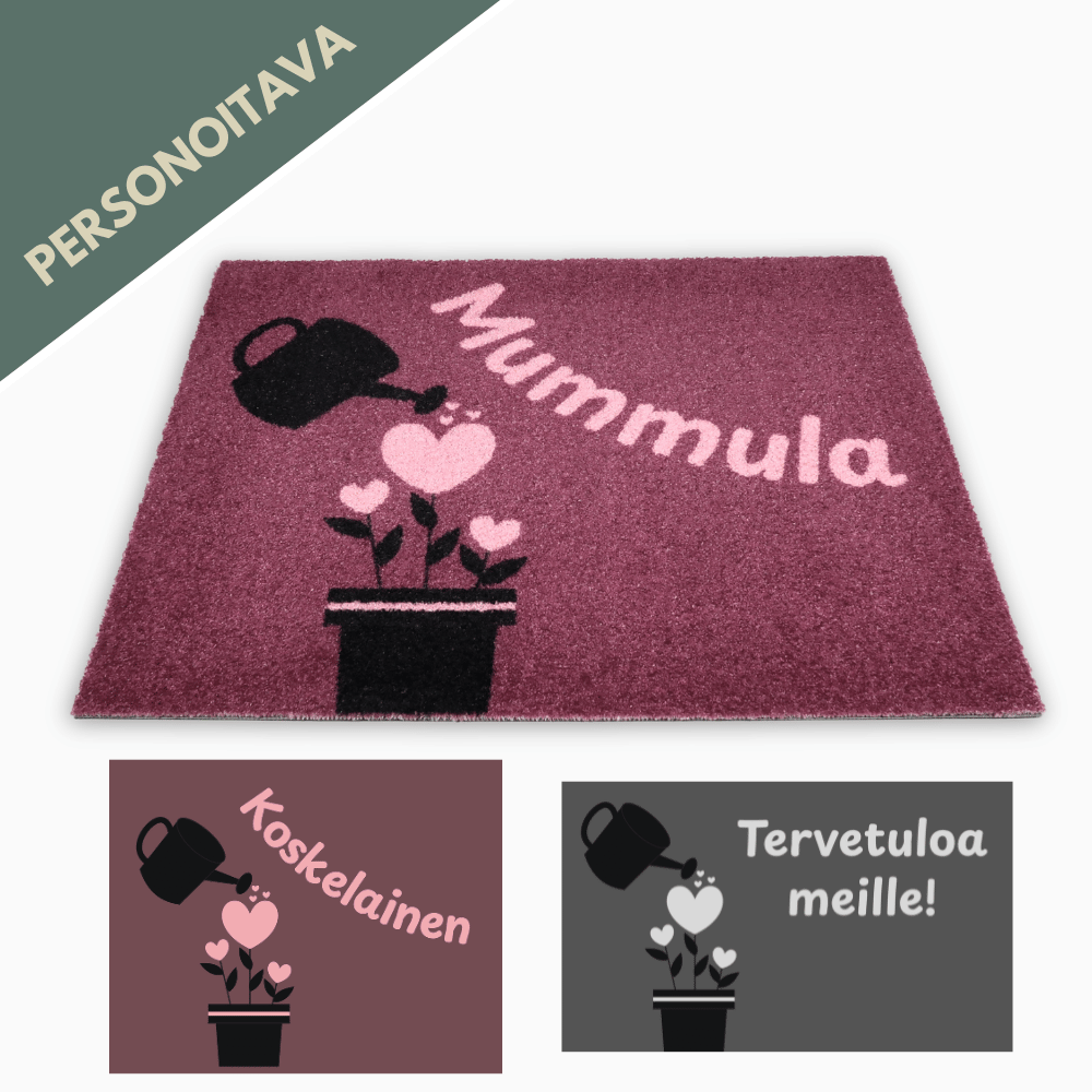 Personoitava ovimatto omalla tekstillä - Kastelukannu ja sydämet