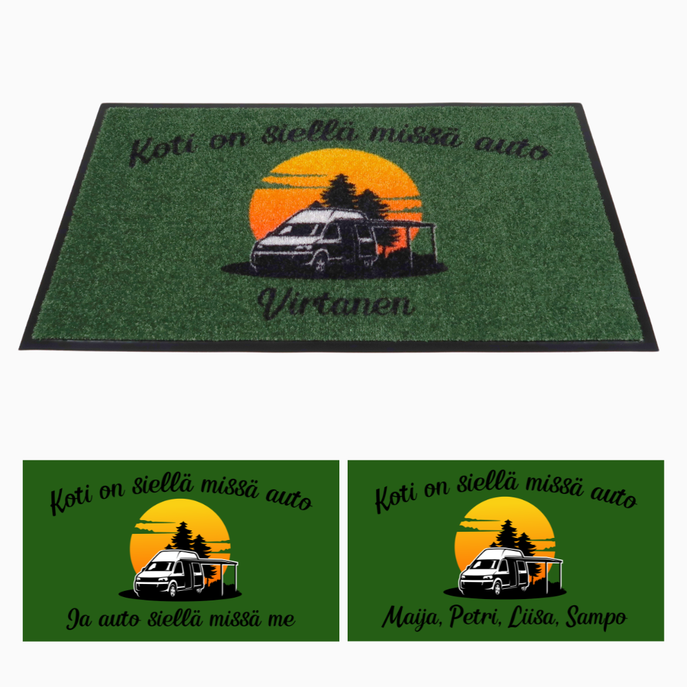 Matto retkeilyautoon omalla tekstillä