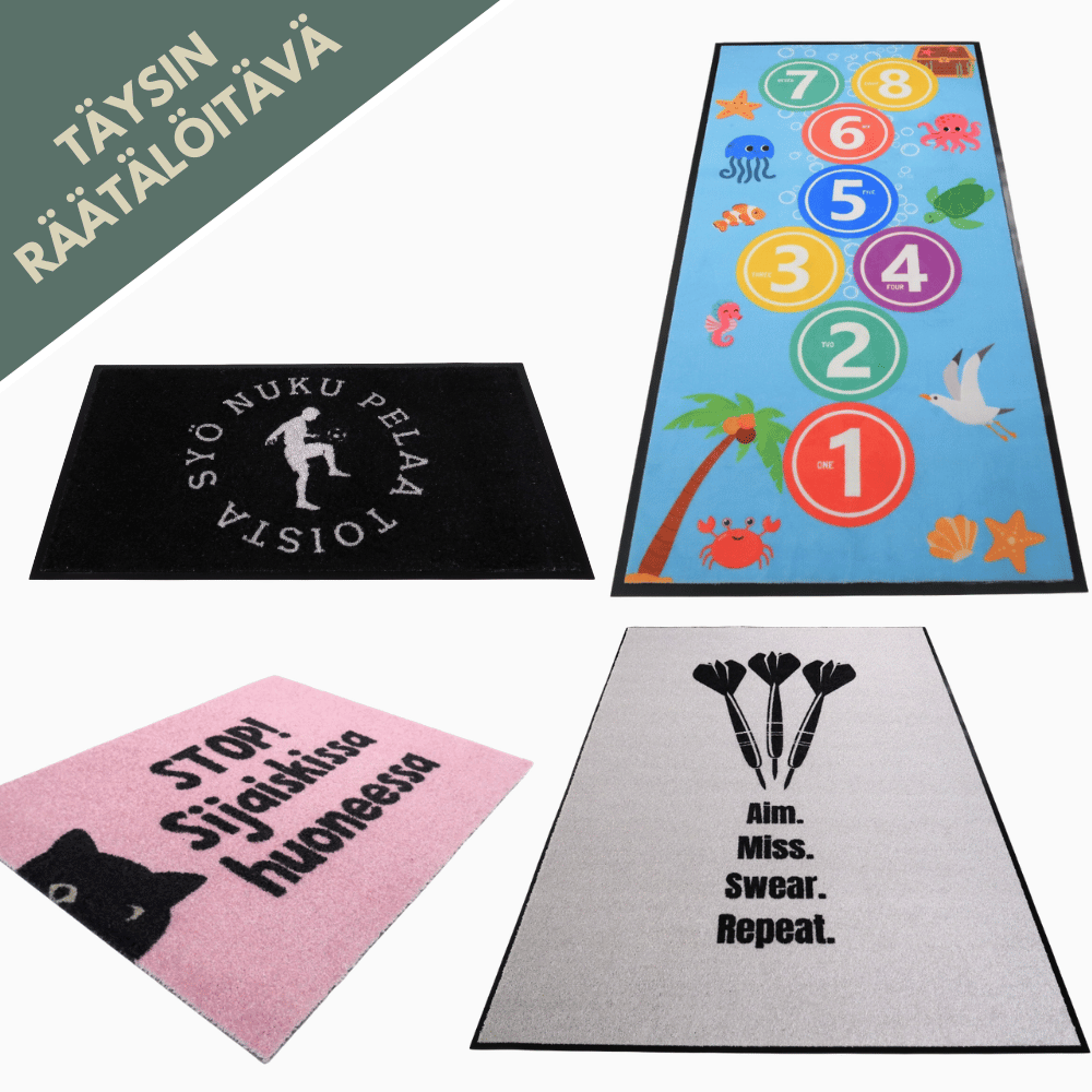 Täysin räätälöitävä ovimatto omalla tekstillä ja kuvalla