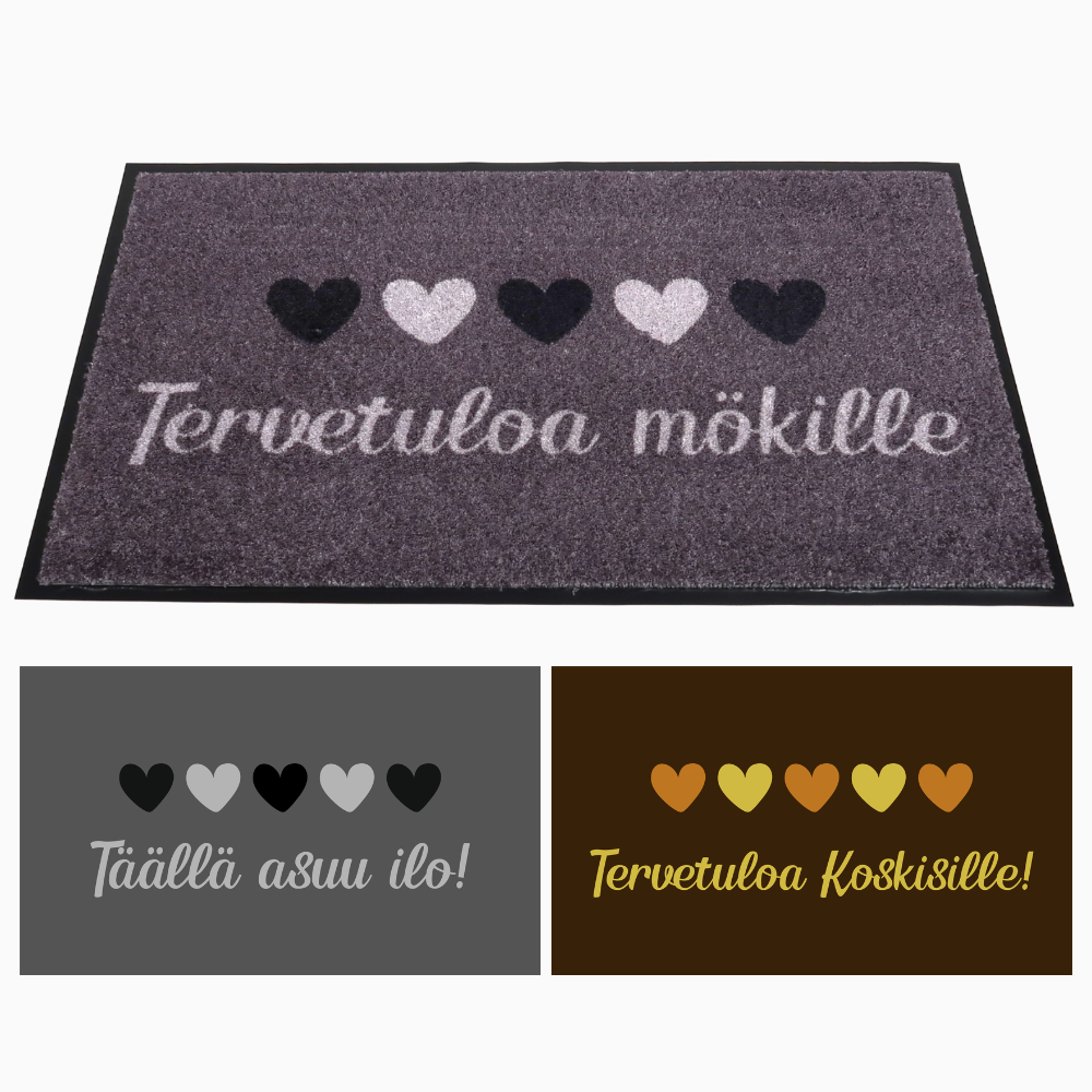 Personoitava kynnysmatto, harmaa tai ruskea - Sydämet rivissä