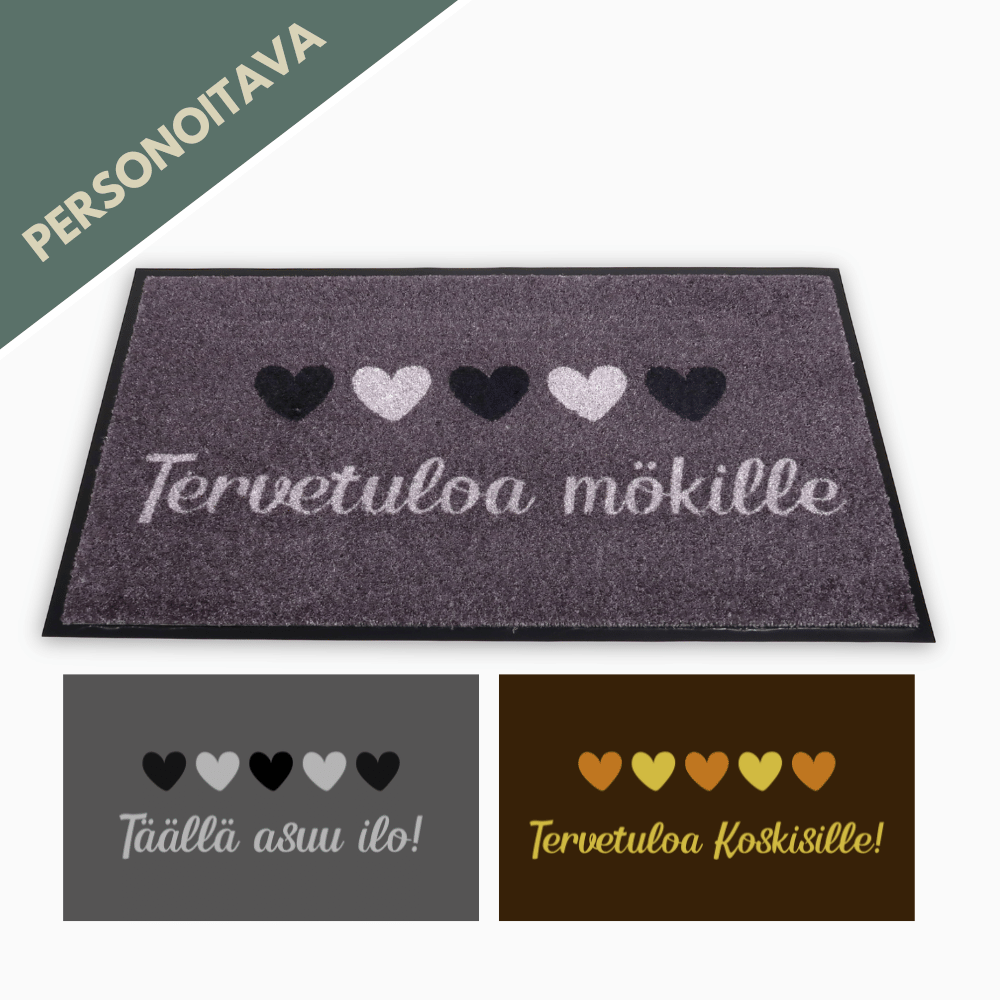 Personoitava kynnysmatto, harmaa tai ruskea - Sydämet rivissä