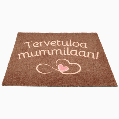 Ruskea ovimatto personoitavalla tekstillä