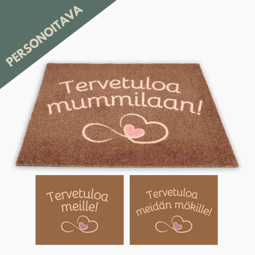 Personoitava ruskea kynnysmatto omalla tekstillä - Sydämet