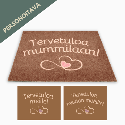 Personoitava ruskea kynnysmatto omalla tekstillä - Sydämet